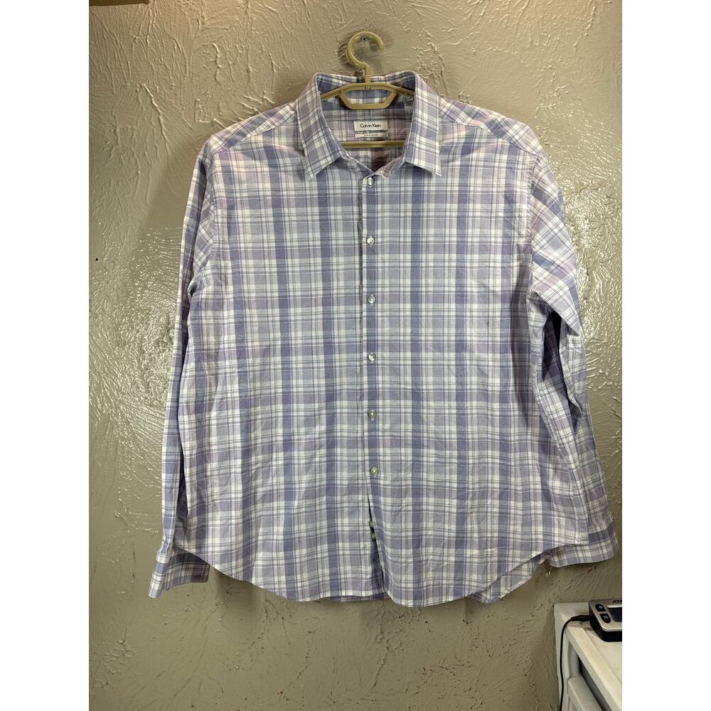 Calvin Klein Mens Blue White Dress Plaid Slim Fit Stretch Shirt‎ Size 18.5 34/35